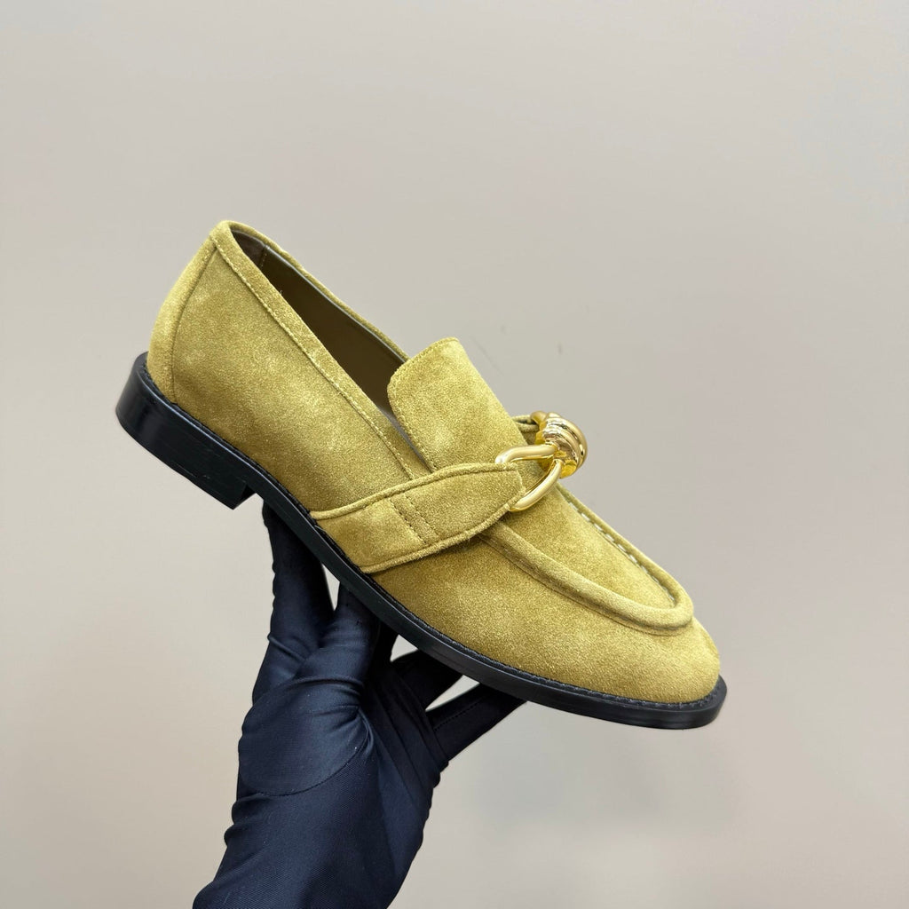 BOTTEGA VENETA ASTAIRE LOAFER IN OLIVE GREEN SUEDE WITH GOLD HARDWARE
