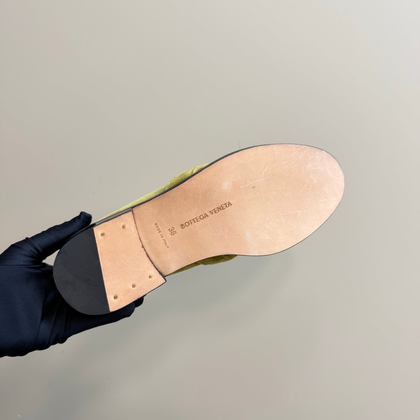 BOTTEGA VENETA ASTAIRE LOAFER IN OLIVE GREEN SUEDE WITH GOLD HARDWARE