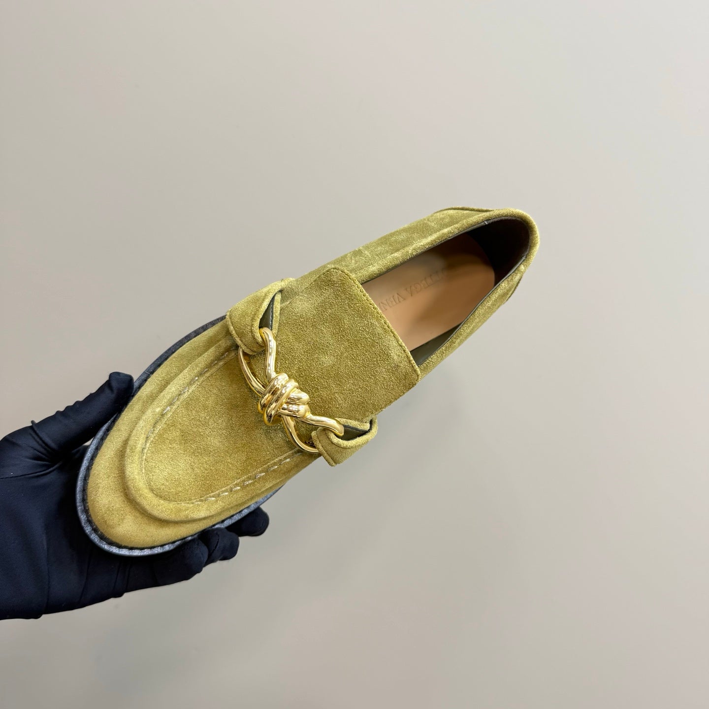 BOTTEGA VENETA ASTAIRE LOAFER IN OLIVE GREEN SUEDE WITH GOLD HARDWARE