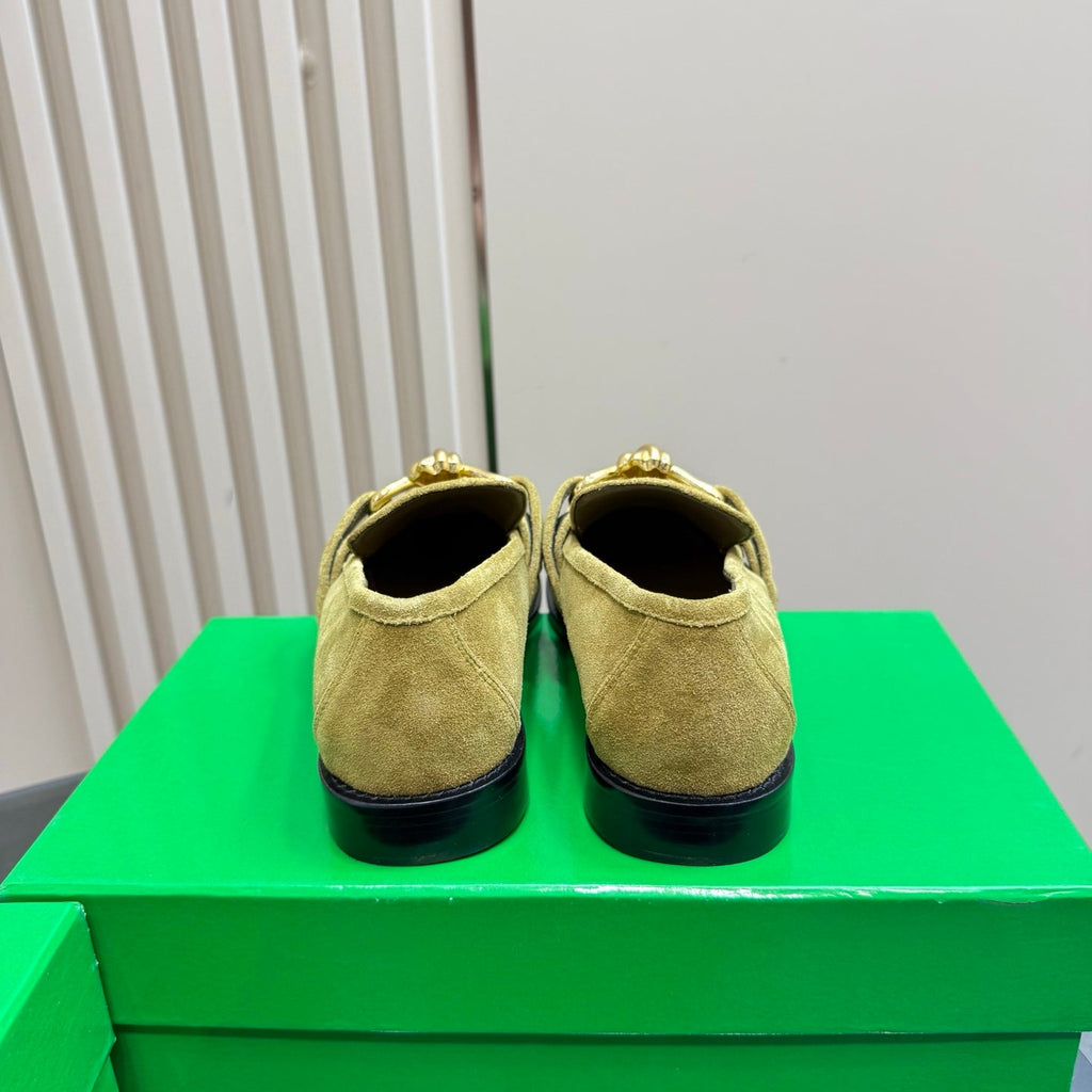 BOTTEGA VENETA ASTAIRE LOAFER IN OLIVE GREEN SUEDE WITH GOLD HARDWARE