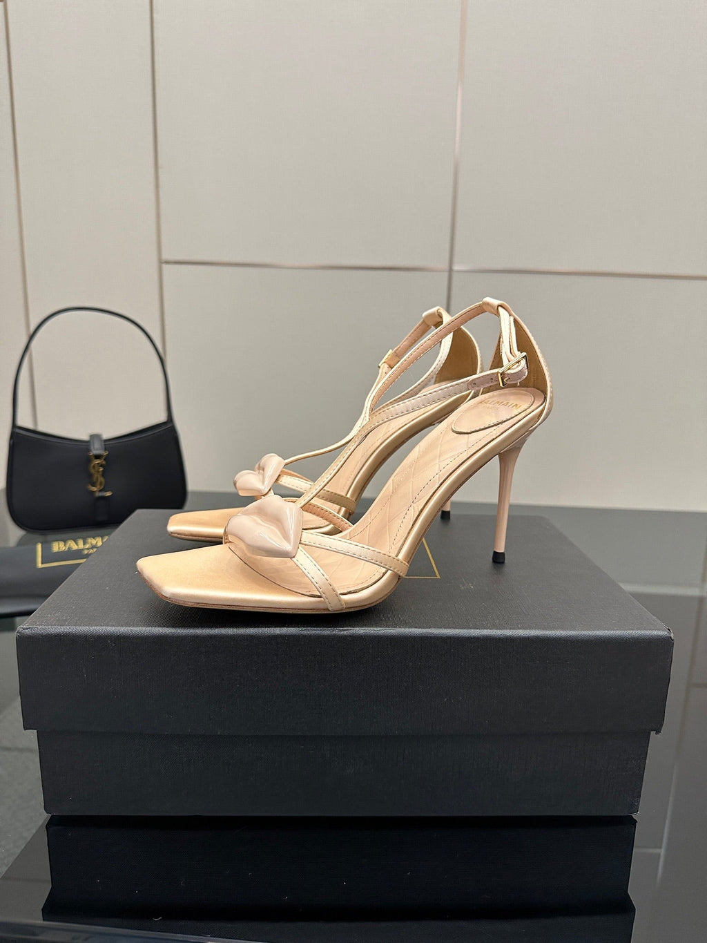 BALMAIN 25S LIPS SANDALS 10 IN BLUSH BEIGE SATIN