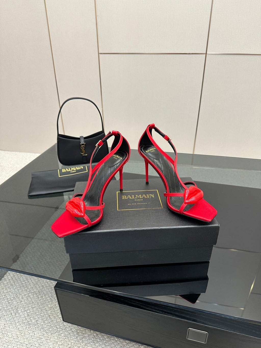 BALMAIN 25S LIPS SANDALS 10 IN CRIMSON RED SATIN