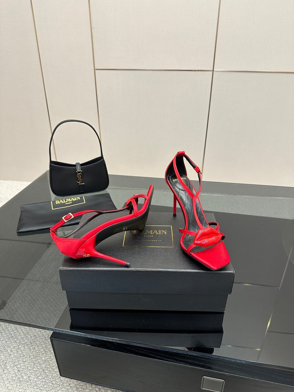 BALMAIN 25S LIPS SANDALS 10 IN CRIMSON RED SATIN