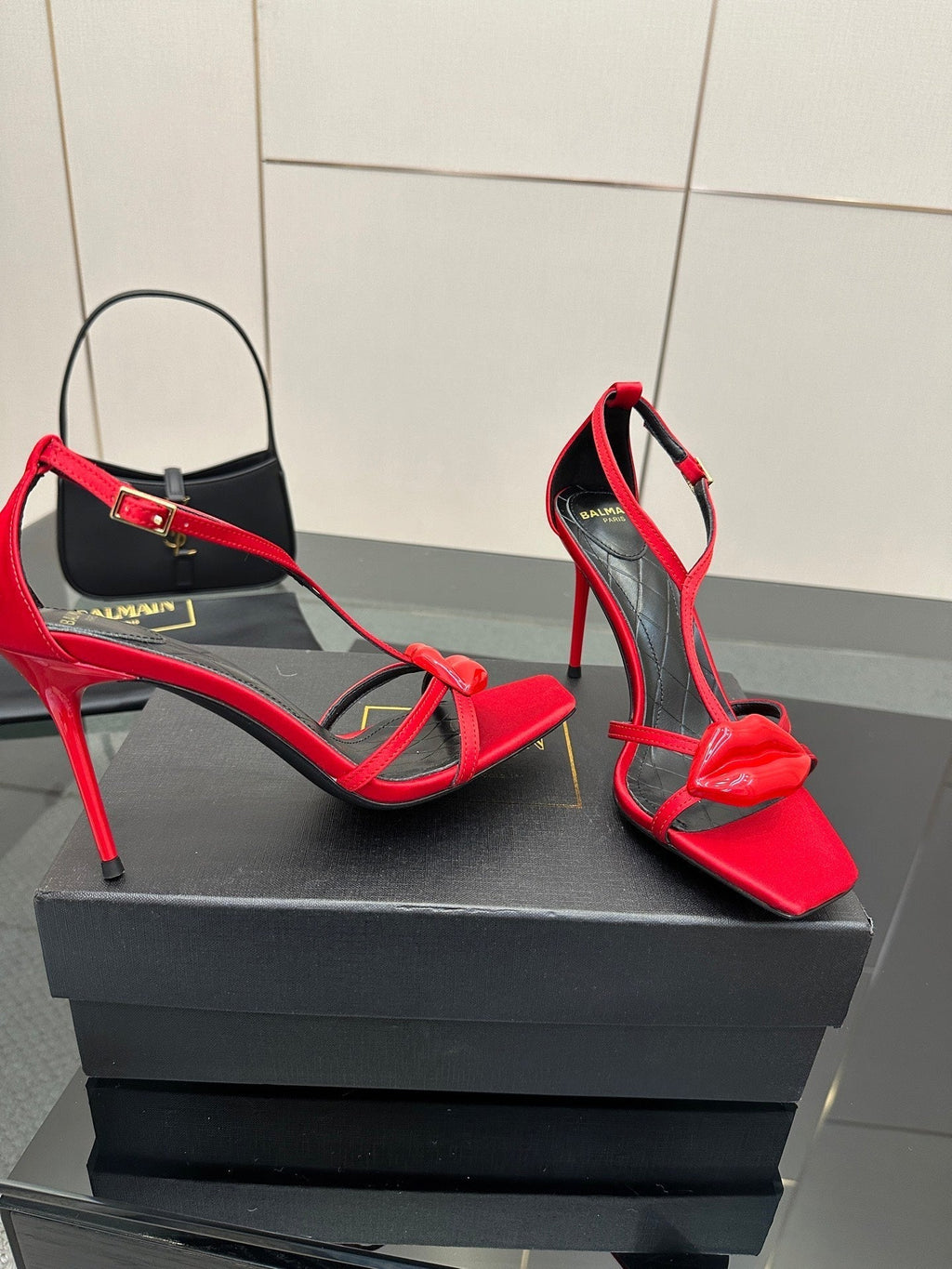 BALMAIN 25S LIPS SANDALS 10 IN CRIMSON RED SATIN