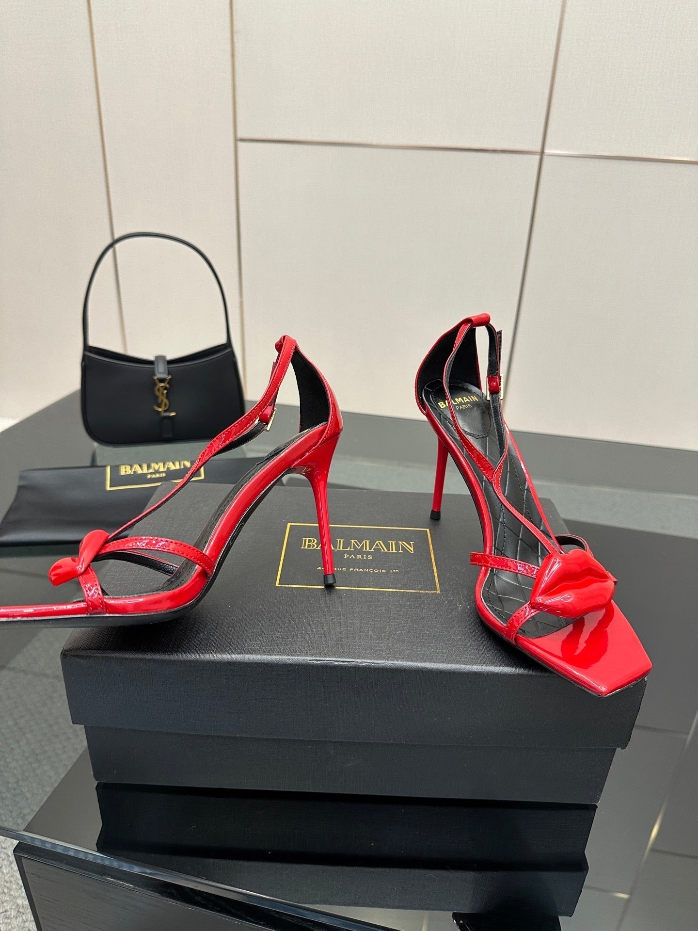 BALMAIN 25S LIPS SANDALS 10 IN CRIMSON RED CALFSKIN