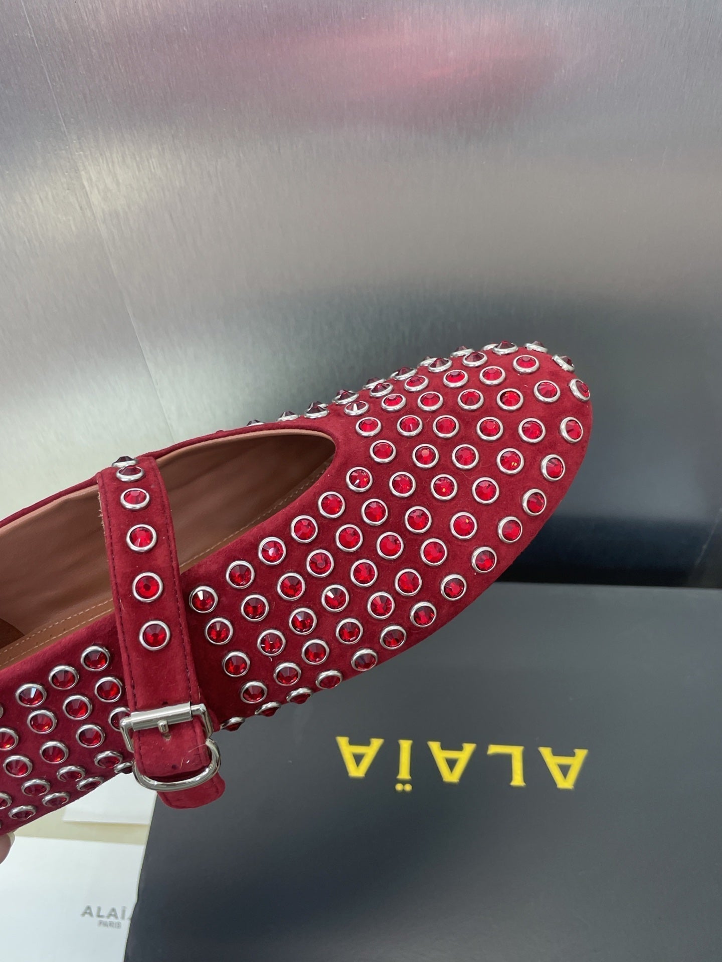 ALAIA MARY JANE FLAT 25S IN DARK RED LAMBSKIN EMBELLISHED WITH CRYSTALS