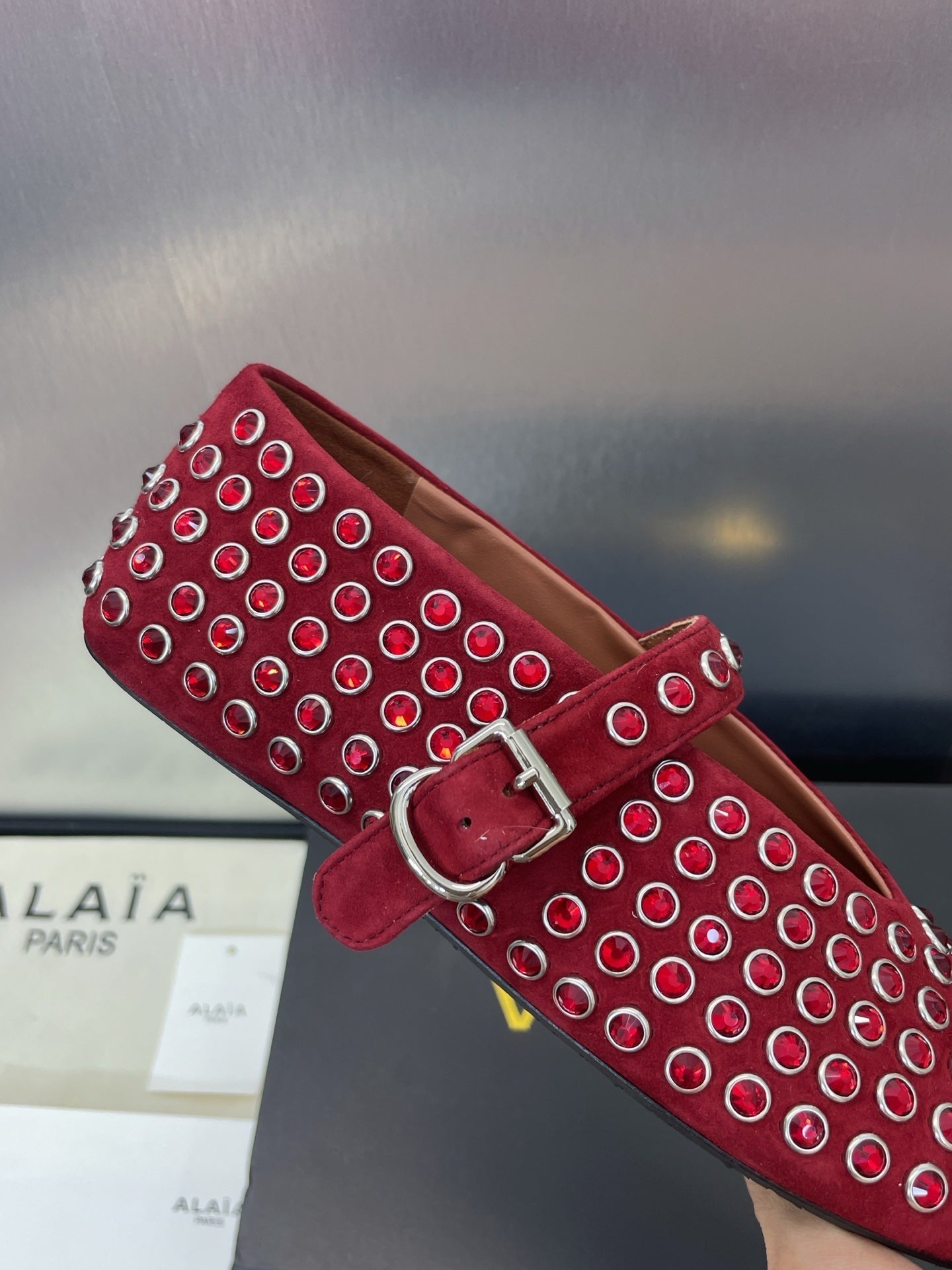 ALAIA MARY JANE FLAT 25S IN DARK RED LAMBSKIN EMBELLISHED WITH CRYSTALS