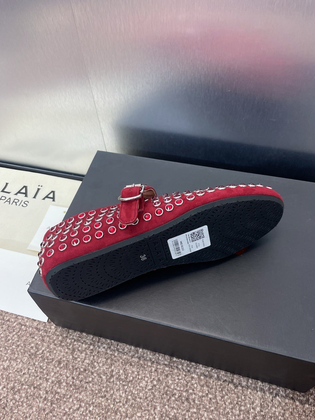 ALAIA MARY JANE FLAT 25S IN DARK RED LAMBSKIN EMBELLISHED WITH CRYSTALS