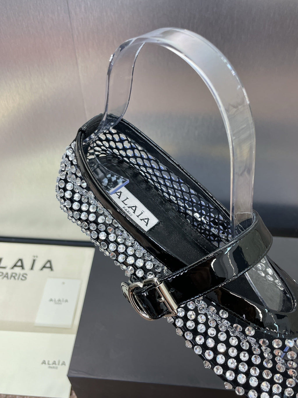 ALAIA MARY JANE FLAT 25S IN BLACK LAMBSKIN EMBELLISHED WITH CRYSTALS