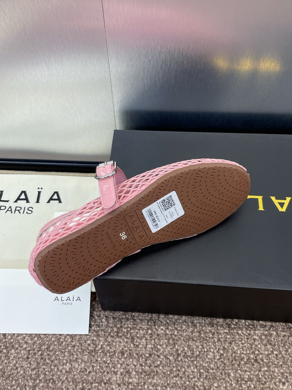 ALAIA MARY JANE FLAT 25S IN LIGHT PINK MESH CALFSKIN