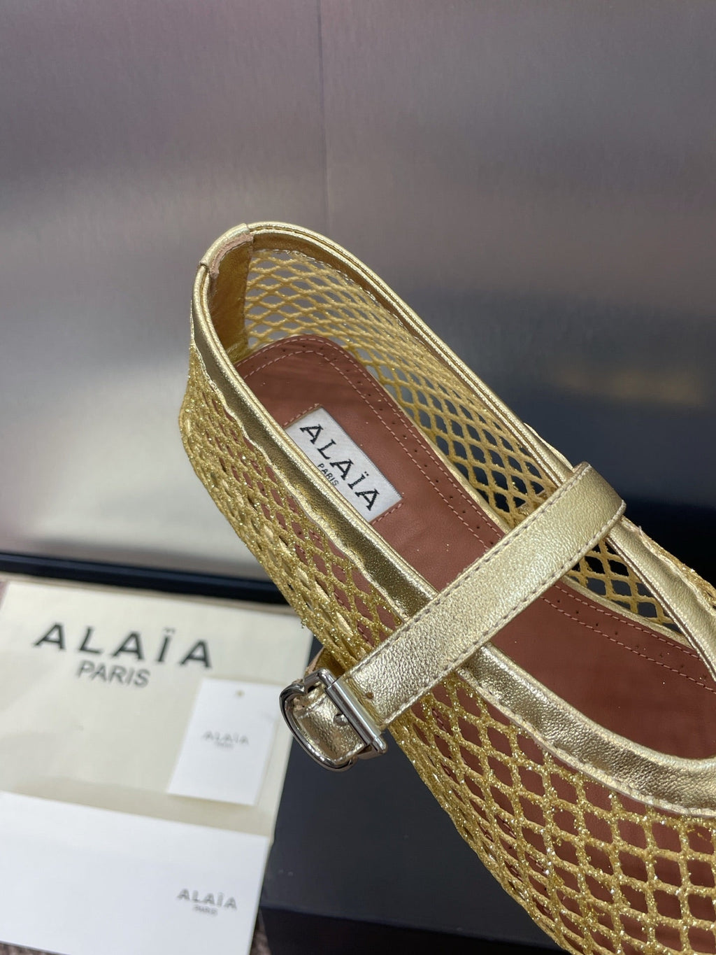ALAIA MARY JANE FLAT 25S IN GOLD MESH CALFSKIN