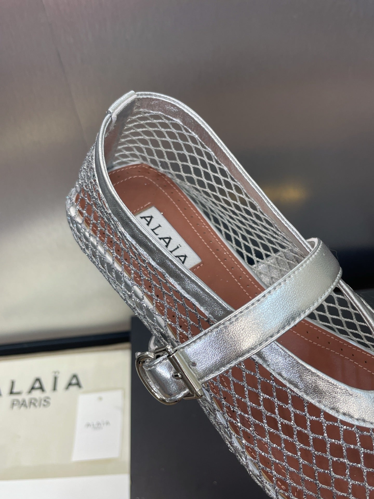 ALAIA MARY JANE FLAT 25S IN SILVER MESH CALFSKIN