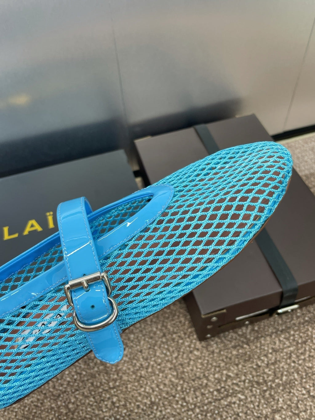ALAIA MARY JANE FLAT 25S IN BLUE MESH CALFSKIN