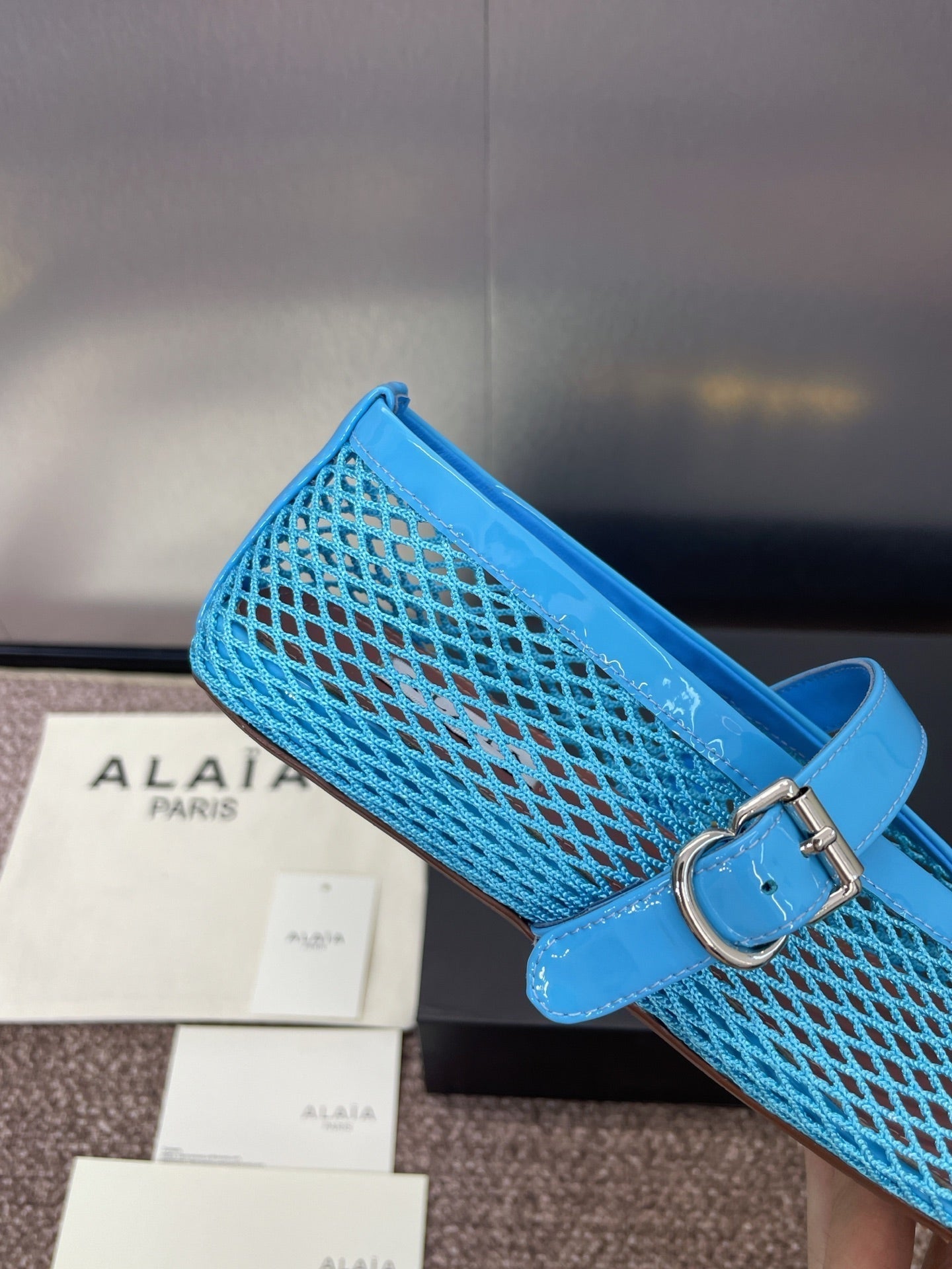 ALAIA MARY JANE FLAT 25S IN BLUE MESH CALFSKIN