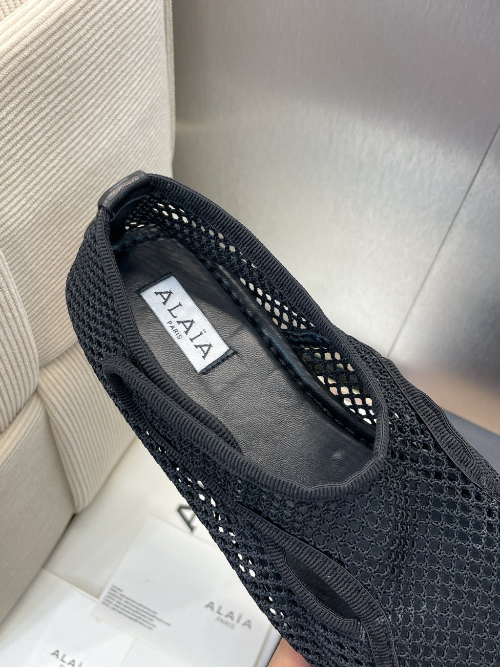 ALAIA MESH MARY JANE BALLET FLATS 25S IN BLACK FABRIC