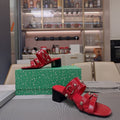 STRAPPY MEDIUM HEELED SANDALS IN RED STUDDED WAX-OIL SHEEPSKIN